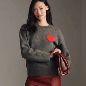 English Factory Anthropologie heart icon crew-neck sweater, grey, size XS